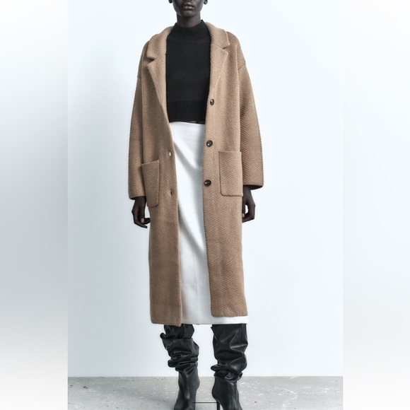 Zara textured long knit coat Taupe/ brown NWT - Picture 2 of 8